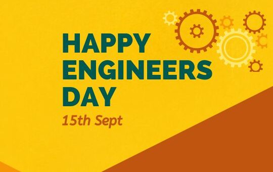 Happy Engineers Day Greeting Card with Mechanical Gears and Cogs on a Vibrant Yellow and Orange Background, Commemorating the 15th of September.