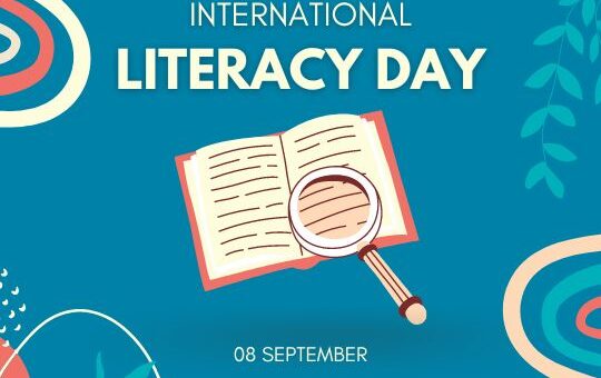 International Literacy Day Promotional Graphic Featuring a Stylized Open Book with Pages That Appear to Flutter, Accompanied by a Magnifying Glass on a Vibrant Blue Background with Abstract Red Swirls and Green Foliage Accents. the Text Announces '08 September' As the Date for the Event.