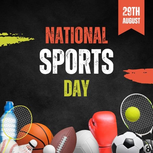National Sports Day Celebration Poster | Asha Diaries National Sports Day Promotional Poster Featuring an Assortment of Sports Equipment Like a Tennis Racket, a Basketball, a Football, Boxing Gloves, and a Water Bottle, All Set Against a Dark Textured Background with the Date '29th August' highlighted in bold.