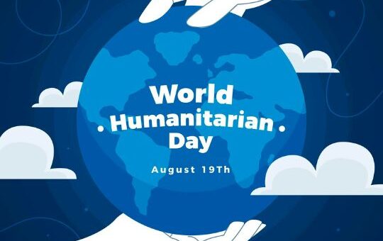 Illustration for World Humanitarian Day, Showing Two Hands Gently Holding a Stylized Globe with a Map in Blue, Surrounded by Clouds. Text Above Reads 'world Humanitarian Day' and Below 'august 19th' on a Dark Blue Background.