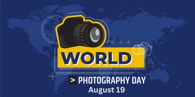 This Image is a Promotional Graphic for World Photography Day, Which is Celebrated on August 19th. the Design Features a Stylized Camera Icon with a World Map in the Background, Predominantly in a Deep Blue Color Scheme. the Text "world Photography Day" is Prominently Displayed Along with the Date, Making It Clear That the Image is Meant to Commemorate This Special Occasion.