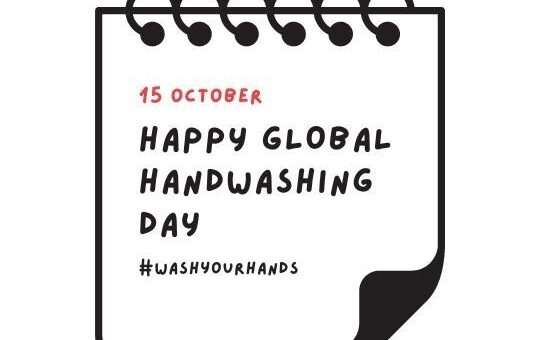 Graphic of a Notepad with a Page Flipped over Showing the Date '15 October' and the Message 'happy Global Handwashing Day' Along with the Hashtag '#washyourhands'. the Design is Simple with Red and Black Text on a White Background, Prominently Displayed on the Blog Ashadiaries.in.