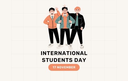 Illustration of Three Diverse Male Students Smiling and Walking Together, with Text 'international Students Day 17 November' on a Minimalistic Design Background Featuring Soft Color Accents and Simple Geometric Shapes.