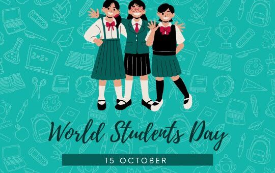 Illustration of Three Students in School Uniforms Standing Together with Arms Around Each Other on a Teal Background with Various Educational Icons. the Text Reads 'world Students Day, 15 October'.