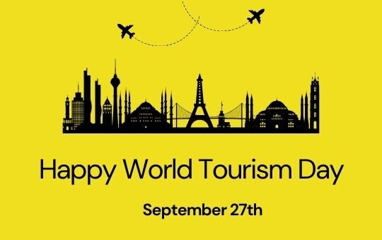 Happy World Tourism Day Graphic with a Yellow Background. the Image Features a Black Silhouette of Famous Landmarks from Around the World, Such As the Eiffel Tower, the Statue of Liberty, and Others. Two Airplanes Are Shown Flying Above the Landmarks. the Text Reads 'happy World Tourism Day' with the Date 'september 27th' Below. the Website Ashadiaries.in is Mentioned in the Bottom Right Corner.