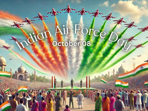 This image depicts a celebration of Indian Air Force Day on October 8th. The scene is vibrant and patriotic, featuring an aerial display by the Surya Kiran aerobatic team. The jets expel smoke in the colors of the Indian flag, creating a dramatic effect against the blue sky. The foreground shows a large, enthusiastic crowd of spectators waving Indian flags. Prominent Indian architecture, including domed buildings suggestive of Mughal architecture, frames the event, enhancing the cultural and historical context. This artwork vividly captures the spirit and pride of the Indian Air Force Day celebrations.