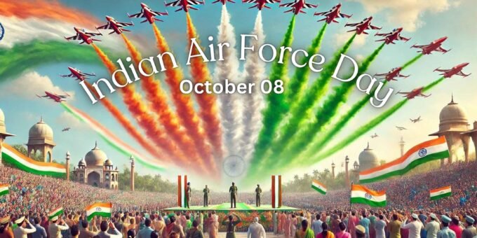 Indian Air Force Day | Asha Diaries This Image Depicts a Celebration of Indian Air Force Day on October 8th. the Scene is Vibrant and Patriotic, Featuring an Aerial Display by the Surya Kiran Aerobatic Team. the Jets Expel Smoke in the Colors of the Indian Flag, Creating a Dramatic Effect Against the Blue Sky. the Foreground Shows a Large, Enthusiastic Crowd of Spectators Waving Indian Flags. Prominent Indian Architecture, Including Domed Buildings Suggestive of Mughal Architecture, Frames the Event, Enhancing the Cultural and Historical Context. This Artwork Vividly Captures the Spirit and Pride of the Indian Air Force Day Celebrations.