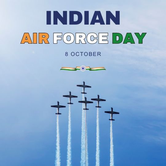 Indian Air Force Day Celebration Poster | Asha Diaries the Image is a Promotional Graphic for Indian Air Force Day, Observed on 8 October. It Features a Clear Blue Sky Background with a Formation of Nine Aircraft Emitting White Smoke Trails, Arranged in a V-shape. Above the Formation, There is a Banner with the Text "indian Air Force Day" in Bold Green Letters, Followed by the Date "8 October." at the Center Top, There is a Small Indian Flag with the Air Force Emblem.