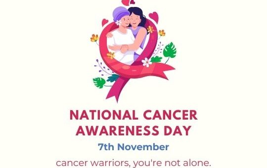 an Illustration Promoting National Cancer Awareness Day on November 7th, Featuring a Couple Embracing Inside a Pink Ribbon Circle, Surrounded by Flowers and Greenery, with a Message of Support to Cancer Warriors.
