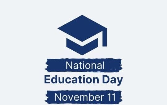 Graphic for National Education Day Featuring a Graduation Cap Icon and the Text 'national Education Day November 11' on a Light Blue Background, with a Brushstroke Style in Navy Blue. Logo and Url 'ashadiaries.in' at the Bottom.