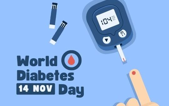 the Image Shows an Illustration Designed for World Diabetes Day, Observed on November 14th. It Features a Graphic of a Blood Glucose Monitoring Device with Test Strips, and a Finger Being Pricked to Measure Blood Sugar Levels. the Background is Blue and Includes the Text "world Diabetes Day 14 Nov Day" Alongside a Red Drop, Symbolizing a Drop of Blood.