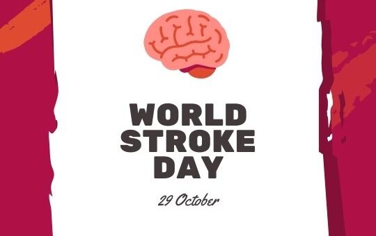 Promotional Graphic for World Stroke Day Featuring a Cartoon-style Brain Illustration Centered on a Torn Paper Effect Background, with Bold Text Stating 'world Stroke Day 29 October'. the Design Includes a Dynamic Red Brush Stroke Pattern in the Background. Logo for Ashadiaries.in is Also Displayed.