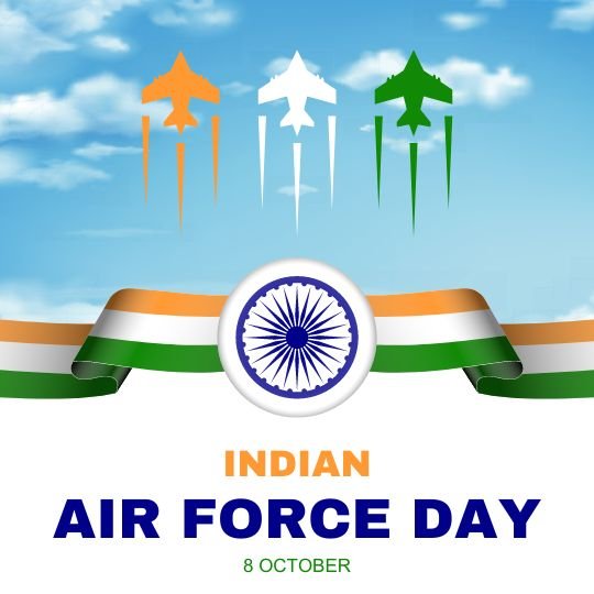 Saluting the Skies - Indian Air Force Day Celebration Graphic | Asha Diaries Graphic for Indian Air Force Day Showing Stylized Fighter Jets in Orange, White, and Green, Flying Above a Round Ashoka Chakra Emblem, with Two Indian Flags on Either Side, Set Against a Blue Sky with Clouds, Text Below Reads 'Indian Air Force Day 8 October'.