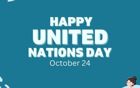 Graphic Celebrating United Nations Day, Featuring a Woman Using a Laptop, with Text 'happy United Nations Day October 24' on a Blue Background.