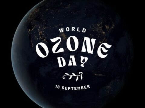 World Ozone Day social media graphic showing a dark earth with white text celebrating the event on 16 September, hosted on ashadiaries.in.