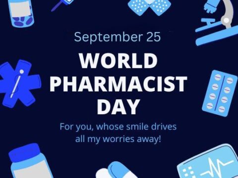 This image is a graphic celebrating World Pharmacist Day on September 25, featuring a caption that reads "For you, whose smile drives all my worries away!" The background is deep blue with various medical and pharmaceutical icons, such as a microscope, pills, a heart rhythm, adhesive bandages, a syringe, and a pill bottle, all in a lighter blue color. This design emphasizes the significance and caring nature of pharmacists in healthcare.