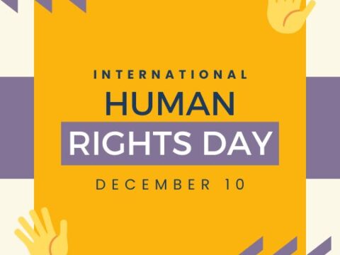 Graphic for International Human Rights Day featuring a bright yellow square centered within a purple-bordered square, with white text stating 'International Human Rights Day December 10'. There are stylized hand icons and directional arrows in purple around the borders.