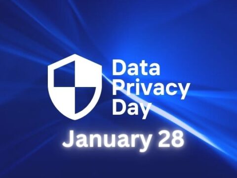 Data Privacy Day promotional graphic with a shield logo and the date January 28 on a radiant blue background.