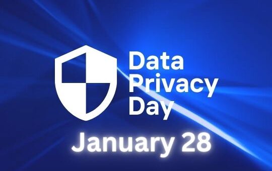 Data Privacy Day Promotional Graphic with a Shield Logo and the Date January 28 on a Radiant Blue Background.