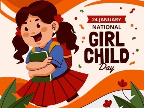 Illustration for National Girl Child Day featuring a happy young girl with pigtails, wearing a red skirt and blue shirt, holding books. She stands in front of a vibrant orange background adorned with leaves and flowers. The text '24 January National Girl Child Day' is prominently displayed.