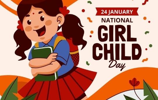 Illustration for National Girl Child Day Featuring a Happy Young Girl with Pigtails, Wearing a Red Skirt and Blue Shirt, Holding Books. She Stands in Front of a Vibrant Orange Background Adorned with Leaves and Flowers. the Text '24 January National Girl Child Day' is Prominently Displayed.