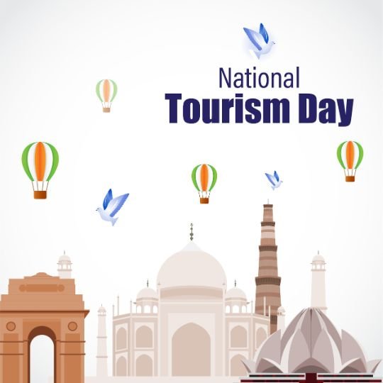 Exploring Heritage: a Visual Celebration of National Tourism Day in India | Asha Diaries the Image Illustrates a Graphic Celebrating National Tourism Day in India. It Features Iconic Indian Architectural Landmarks Such As the India Gate, the Taj Mahal, and the Qutub Minar. the Composition is Enhanced by Colorful Hot Air Balloons and Blue Birds in Flight, Symbolizing Travel and Exploration. the Background is a Soft, Neutral Color That Helps the Elements Stand Out, and the Text "national Tourism Day" is Prominently Displayed at the Top.