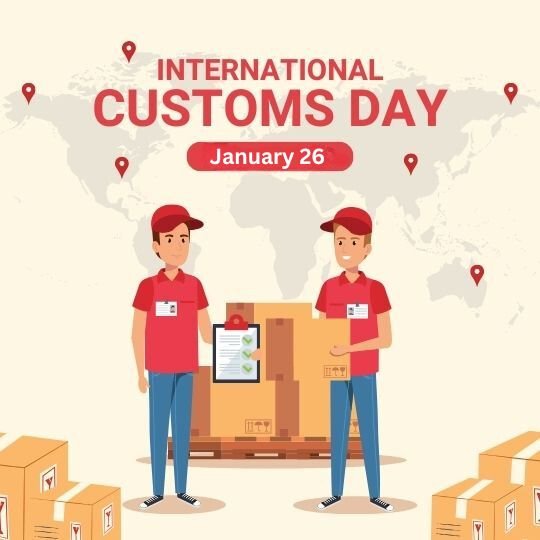 Global Recognition: Celebrating International Customs Day | Asha Diaries International Customs Day Poster Showing Two Customs Officers, a World Map, and Boxes, Celebrating on January 26.