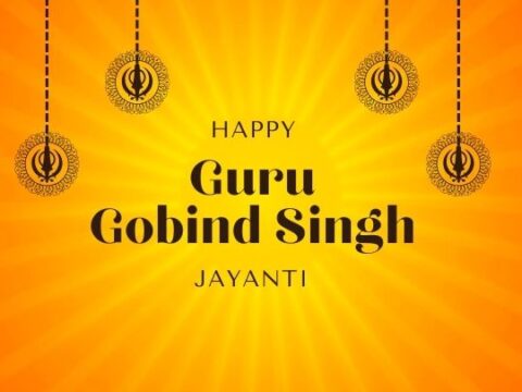 Happy Guru Gobind Singh Jayanti celebration graphic with radiant yellow background and decorative Sikh Khanda symbols