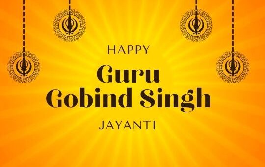 Happy Guru Gobind Singh Jayanti Celebration Graphic with Radiant Yellow Background and Decorative Sikh Khanda Symbols