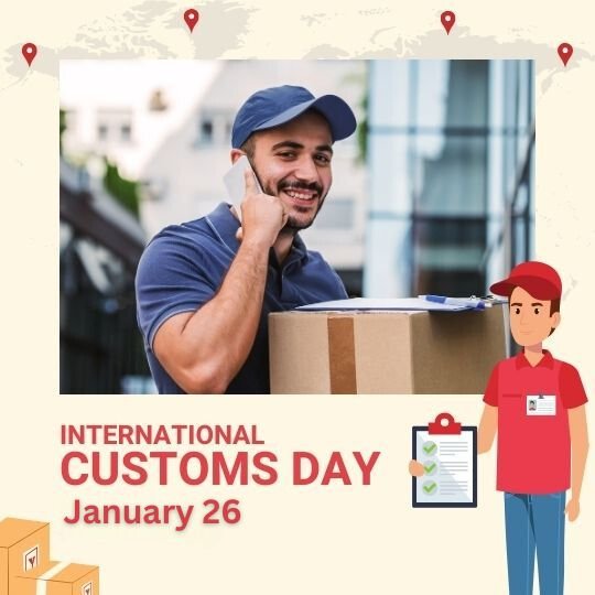 International Customs Day: Celebration Highlight Recognizing the Vital Role of Couriers | Asha Diaries Promotional Graphic for International Customs Day Showing Two Delivery Personnel. the Main Image Features a Cheerful Male Courier in a Blue Cap and Uniform, Talking on a Cellphone While Holding a Package. in the Bottom Corner, a Graphic of Another Courier Holding a Clipboard is Included. the Background Includes Urban Buildings, and the Text Announces International Customs Day on January 26.