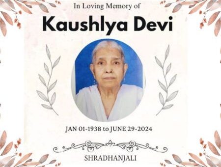 in Loving Memory of Kaushlya Devi, Born January 1, 1938, and Passed Away on June 29, 2024. the Image Features a Portrait of Kaushlya Devi with Floral Decorations Around the Border and the Text 'shradhanjali' at the Bottom.