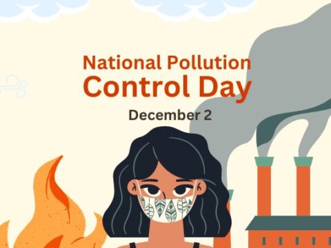 Illustration for National Pollution Control Day, observed on December 2nd, depicting a person wearing a mask with a background showing factory smoke and flames, emphasizing the importance of controlling and preventing environmental pollution.