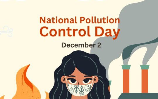 Illustration for National Pollution Control Day, Observed on December 2nd, Depicting a Person Wearing a Mask with a Background Showing Factory Smoke and Flames, Emphasizing the Importance of Controlling and Preventing Environmental Pollution.