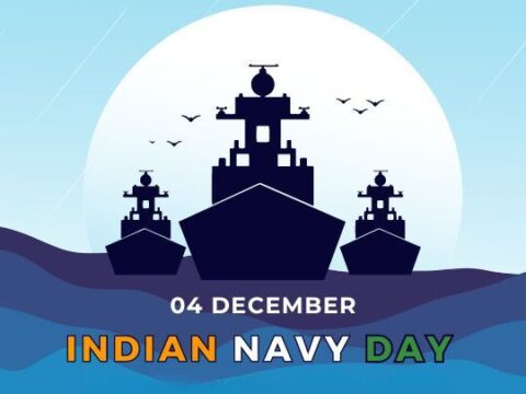 Graphic illustration for Indian Navy Day on December 4, featuring a stylized image of three navy ships on the ocean, with birds flying overhead and a large moon in the background, all set against a light blue sky.