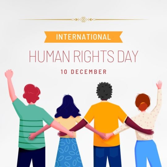 Unity and Diversity: a Celebration of International Human Rights Day | Asha Diaries Graphic Celebrating International Human Rights Day, Featuring Four Diverse Individuals Linked Arm in Arm, Raising Their Free Hands in Celebration. the Individuals Are Depicted in Simple, Colorful Attire Against a Light Background, with Text Above Them Reading 'International Human Rights Day 10 December' adorned with an elegant gold motif.
