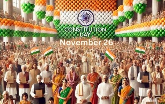 the Image Showcases a Large Gathering of Diverse Indian People in a Grand Hall, Celebrating Constitution Day on November 26. the Setting is Decorated with Orange, White, and Green Balloons, Reflecting the Colors of the Indian Flag. in the Center, Prominent Figures in Traditional and Formal Attire Hold the Indian Constitution. the Crowd, Consisting of People of Various Ages and Backgrounds, Appears United and Proud, Symbolizing National Unity and Respect for the Country's Constitutional Values.