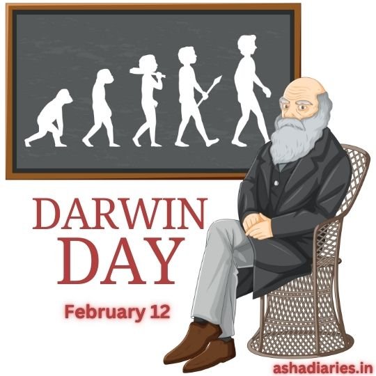 Celebrating Darwin Day: Honoring the Legacy of Evolution | Asha Diaries Darwin Day February 12 Image Featuring an Illustration of Charles Darwin Seated on a Wicker Chair with a Chalkboard Behind Him Showing the Evolution of Man from an Ape-like Ancestor to Modern Humans, with the Text 'ashadiaries.in' at the bottom right corner.