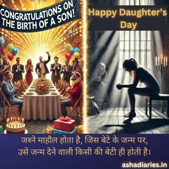 Contrasting Celebrations: a Reflection on the Value of Daughters in Society | Asha Diaries a Split-image Illustration Highlighting the Contrast Between the Celebration of a Son's birth and the often-overlooked role of daughters. On the left side, there is a bright, joyful scene with a festive table, balloons, and a banner reading "CONGRATULATIONS ON THE BIRTH OF A SON!" On the right side, there is a somber, dimly lit image of a young woman sitting alone, reflecting. The text "Happy Daughter's Day" is at the top, and at the bottom, in Hindi, it reads, "जश्नें माहौल होता है, जिस बेटे के जन्म पर, उसे जन्म देने वाली किसी की बेटी ही होती है।" (Celebrations are held for the birth of a son, but the one who gives birth to him is someone's daughter.) The website "ashadiaries.in" is also mentioned.