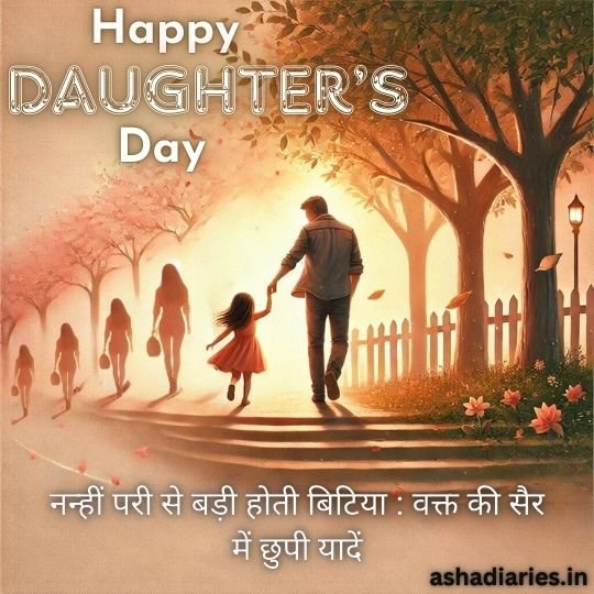 Daughters Day Tribute: a Journey of Love and Memories | Asha Diaries Father and Daughter Walking Hand in Hand on a Path, Symbolizing the Journey of Growing Up, with the Text 'Happy Daughter's Day' and a Hindi quote about memories hidden in the journey of time.