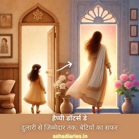 from Cherished Little Girl to Responsible Woman - a Heartfelt Illustration for Daughters Day | Asha Diaries an Artistic Illustration Showing the Emotional Journey of a Daughter Growing Up. on the Left Side, a Young Girl in Traditional Indian Attire Walks Through a Door Inside a Home, and on the Right, an Older Version of the Girl, Now a Grown Woman, Steps Through a Beautifully Arched Doorway into the Light. the Text Reads 'Happy Daughter's Day: दुलारी से जिम्मेदार तक: बेटियों का सफर' with the website ashadiaries.in mentioned at the bottom.