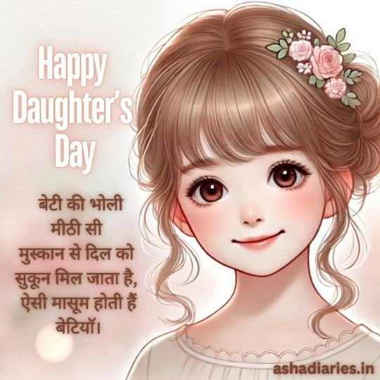 Heartwarming Daughters Day Illustration with Sweet Hindi Quote | Asha Diaries the Image Shows a Digital Illustration of a Young Girl with Light Brown Hair Styled in a Loose Bun, Adorned with a Small Floral Accessory. She Has Large, Expressive Eyes and a Gentle Smile, Giving Her an Innocent and Sweet Appearance. the Text on the Image Reads "happy Daughter's Day" in English, with a Hindi quote next to it that translates to, "The innocent and sweet smile of a daughter brings peace to the heart; such is the innocence of daughters." The image also has a watermark at the bottom right corner that reads "ashadiaries.in".
