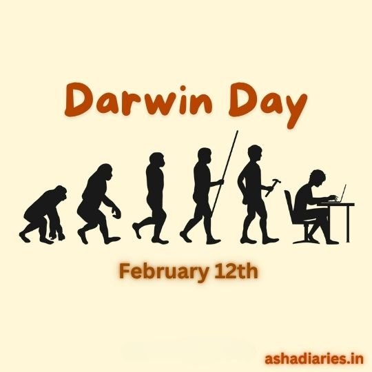 Darwin Day Celebration | Asha Diaries an Illustration Depicting the Evolution of Humans, from an Ape-like Ancestor to a Modern Human Sitting at a Desk with a Computer. the Image is Labeled "darwin Day" in Large Orange Text at the Top, with "february 12th" Written Below It. the Url "ashadiaries.in" is Displayed at the Bottom Right Corner.