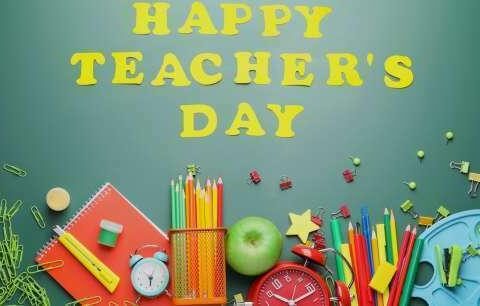 Happy Teacher's Day banner featuring colorful school supplies and decorations on a green background