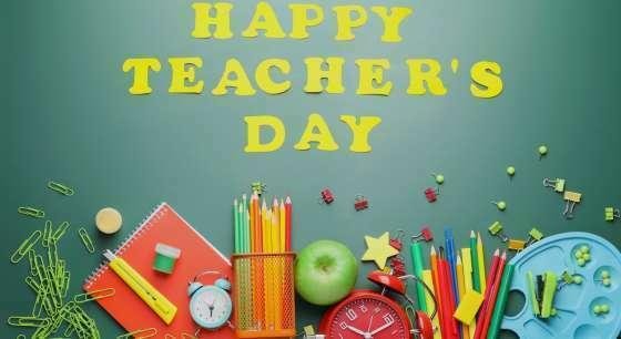 Vibrant Celebration: a Colorful Tribute to Teachers on Teachers Day | Asha Diaries Happy Teacher's Day Banner Featuring Colorful School Supplies and Decorations on a Green Background