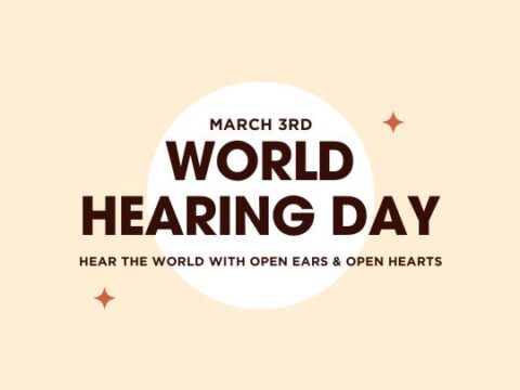 March 3rd World Hearing Day poster with the slogan 'Hear the World with Open Ears & Open Hearts' on a beige background with decorative stars.