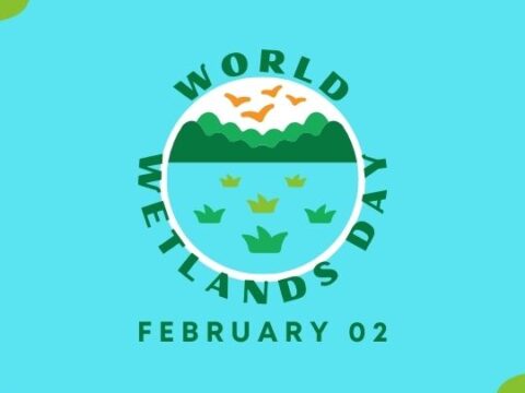 Logo for World Wetlands Day featuring a circular badge design with a light blue and green color scheme. The badge depicts a stylized landscape of a wetland with green mountains, a blue sky, and flying birds. Below the landscape, there are several green water plant icons representing wetland vegetation. The text 'World Wetlands Day February 02' is encircled around the badge.