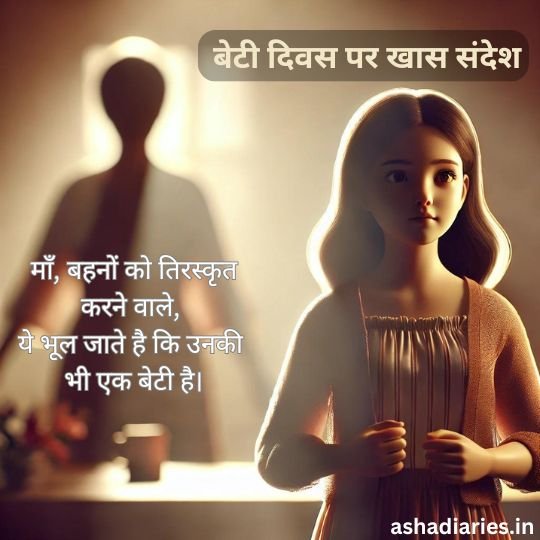 Daughters Day Special: a Heartfelt Reminder on Respect and Love | Asha Diaries a Touching Message for Daughter's Day with a soft-focus image of a young girl standing in the foreground, while an adult figure is blurred in the background. The text reads: 'माँ, बहनों को तिरस्कृत करने वाले, ये भूल जाते हैं कि उनकी भी एक बेटी है।' The image is from ashadiaries.in.