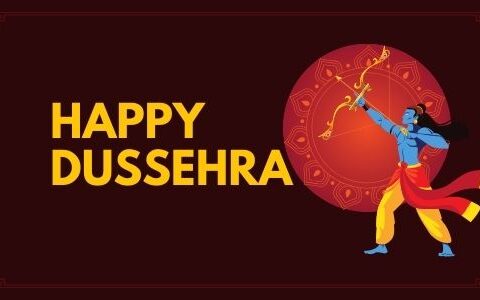 Illustration of Lord Rama holding a bow and arrow with a decorative circular backdrop, wishing 'Happy Dussehra' on a dark red background.