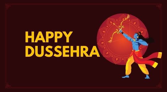 Illustration of Lord Rama Holding a Bow and Arrow with a Decorative Circular Backdrop, Wishing 'happy Dussehra' on a Dark Red Background.