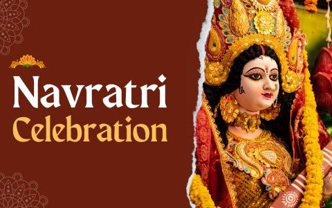 Navratri celebration banner with a depiction of Goddess Durga in traditional attire and festive decorations.